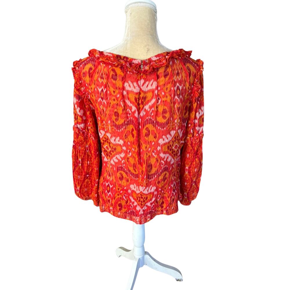 Tory Burch Orange Ikat Ruffle Blouse Top Size 12 Bergdorf Goodman Silk - Picture 7 of 15